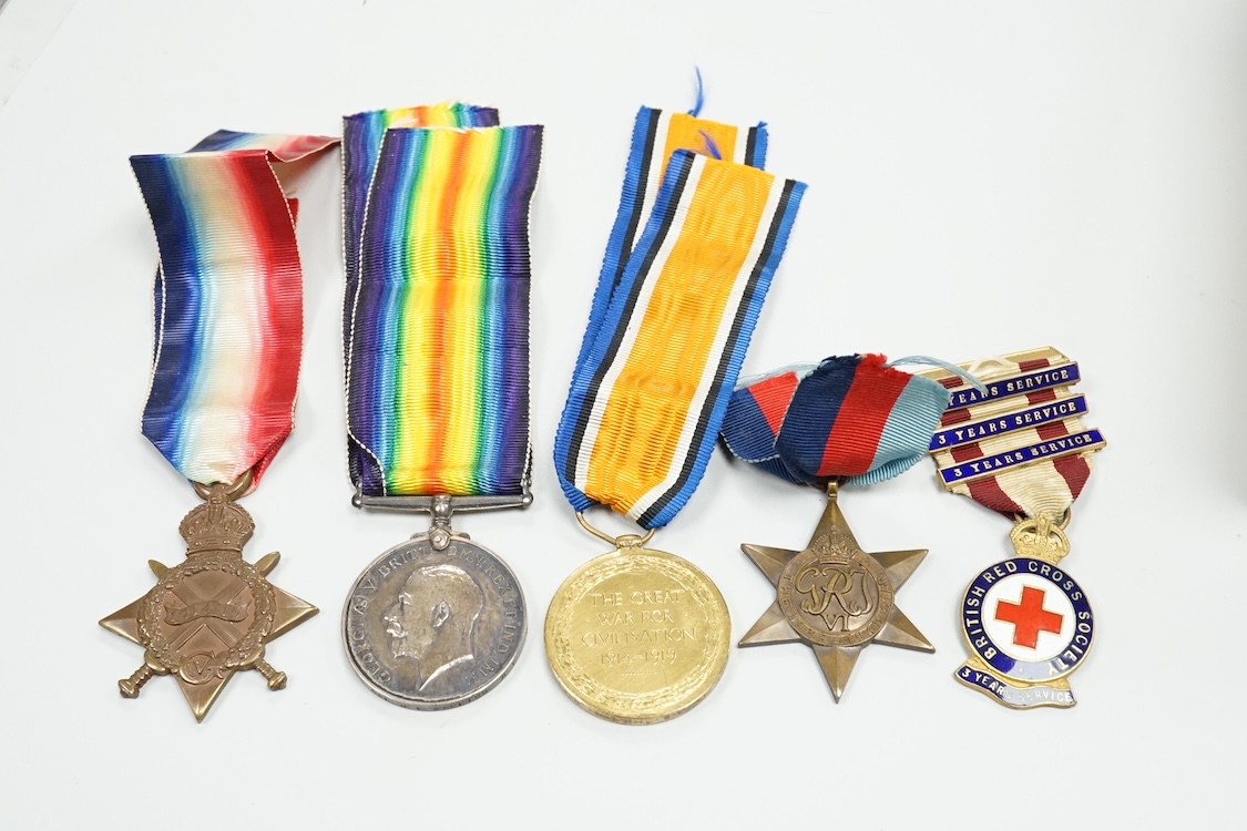 A First World War medal trio to Crl. J.E. Shelton R.E., together with a WWII 1939 to 1945 star, a British Red Cross long service medal, plus a few mainly Far Eastern and Indian coins, etc.